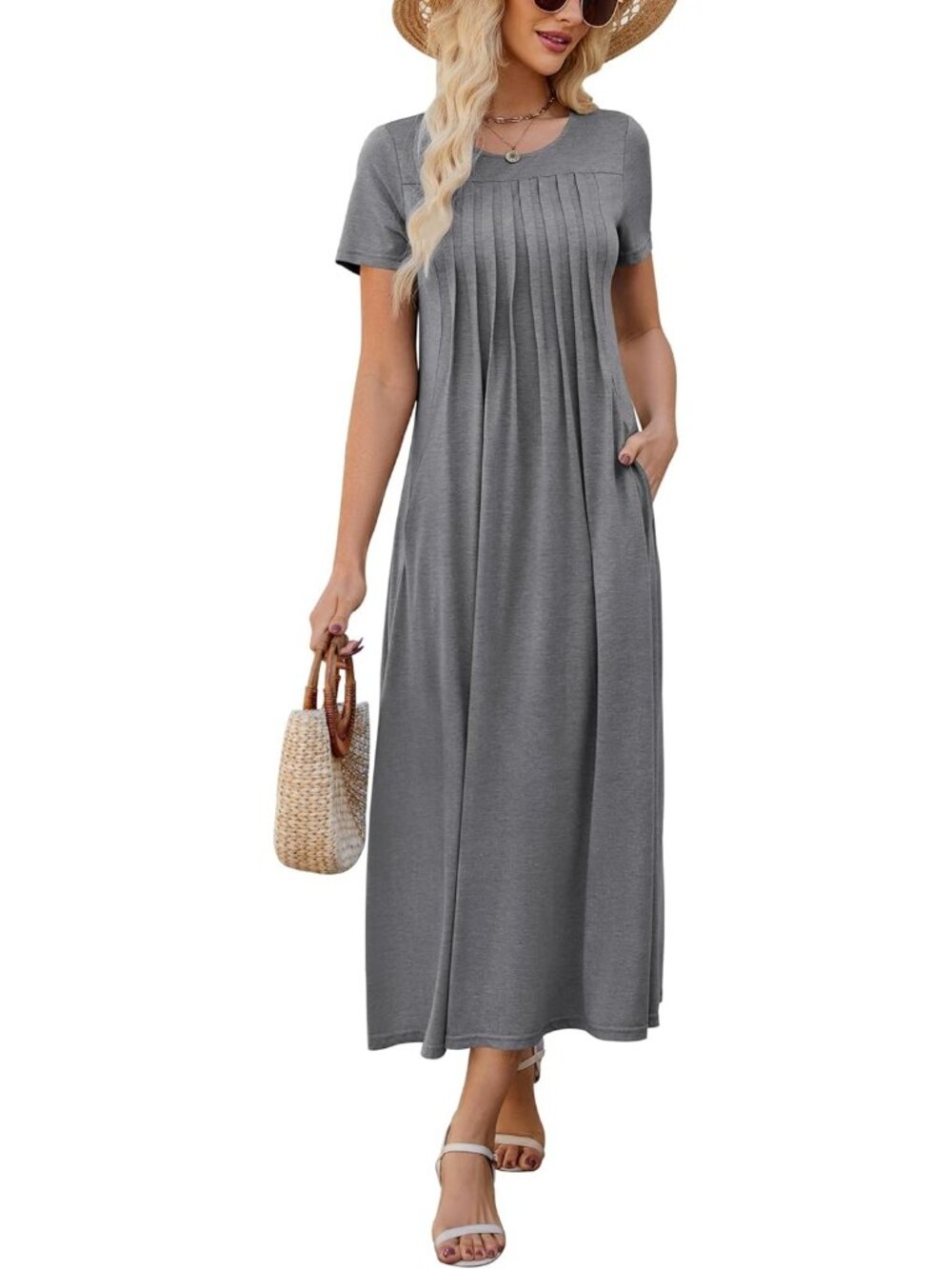 Women's Grey Summer Casual Short Sleeve Crewneck Pleated Flowy Beach Maxi Dress